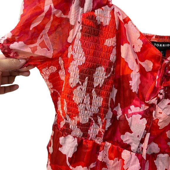 Torrid Midi Lined Lace Up Sweetheart Neckline Dress 2X 18-20 Floral Ruffle Red - Picture 5 of 12